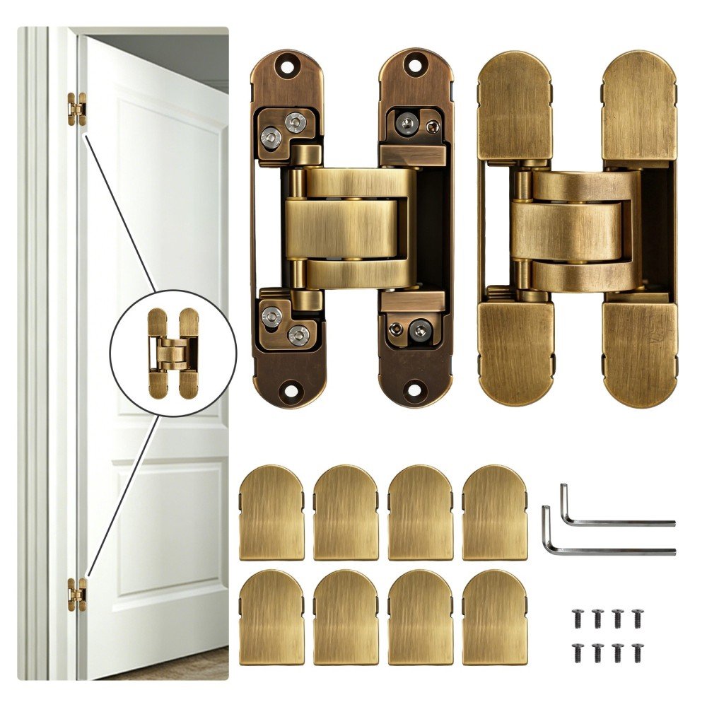 08 All-brass forged invisible door hinge in antique brass, black & gunmetal gray. Heavy-duty 6-axis design, 3D adjustable, silent 180° rotation, 60KG capacity. For 40–55mm interior doors.